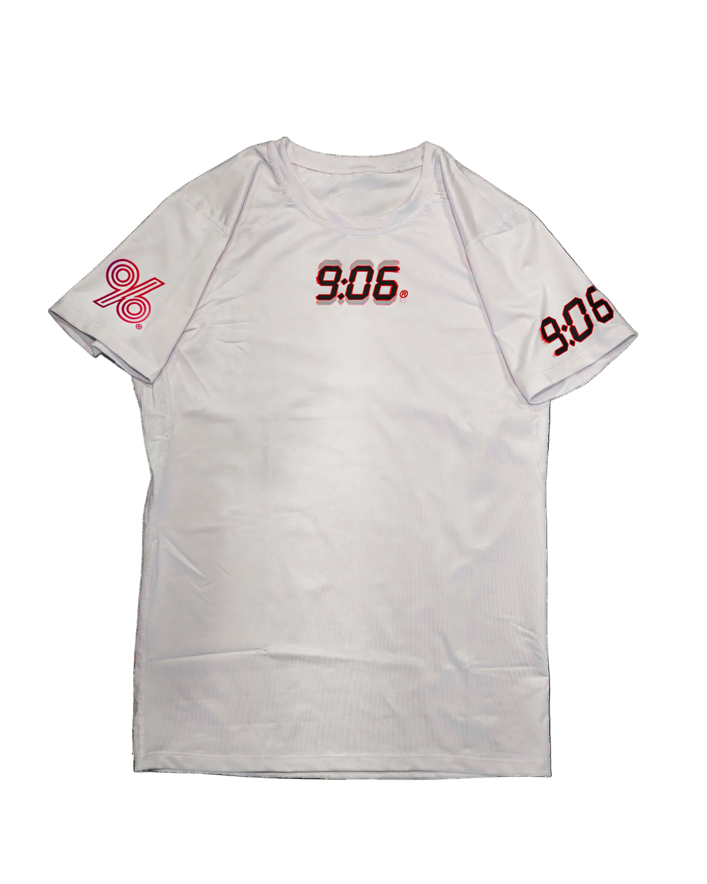 White t-shirt with red text and logo on a white background