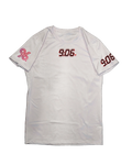 White t-shirt with red text and logo on a white background