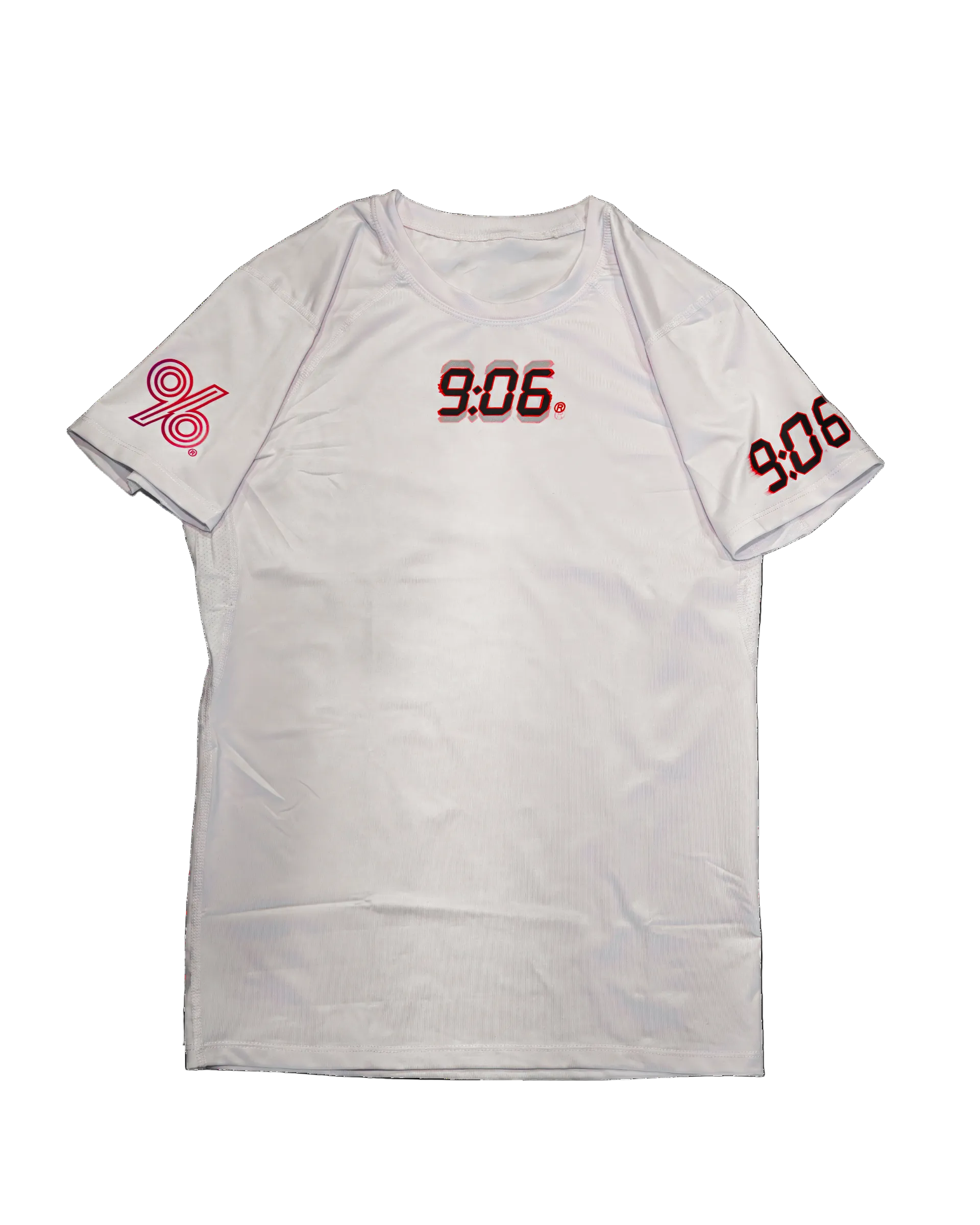 White t-shirt with red text and logo on a white background