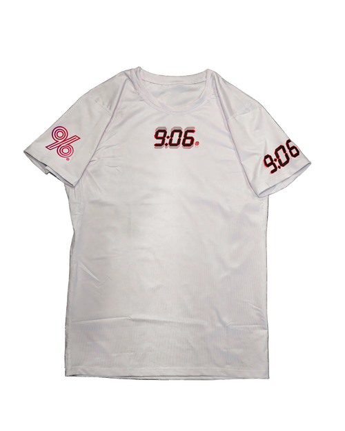 White t-shirt with red text and logo on a white background